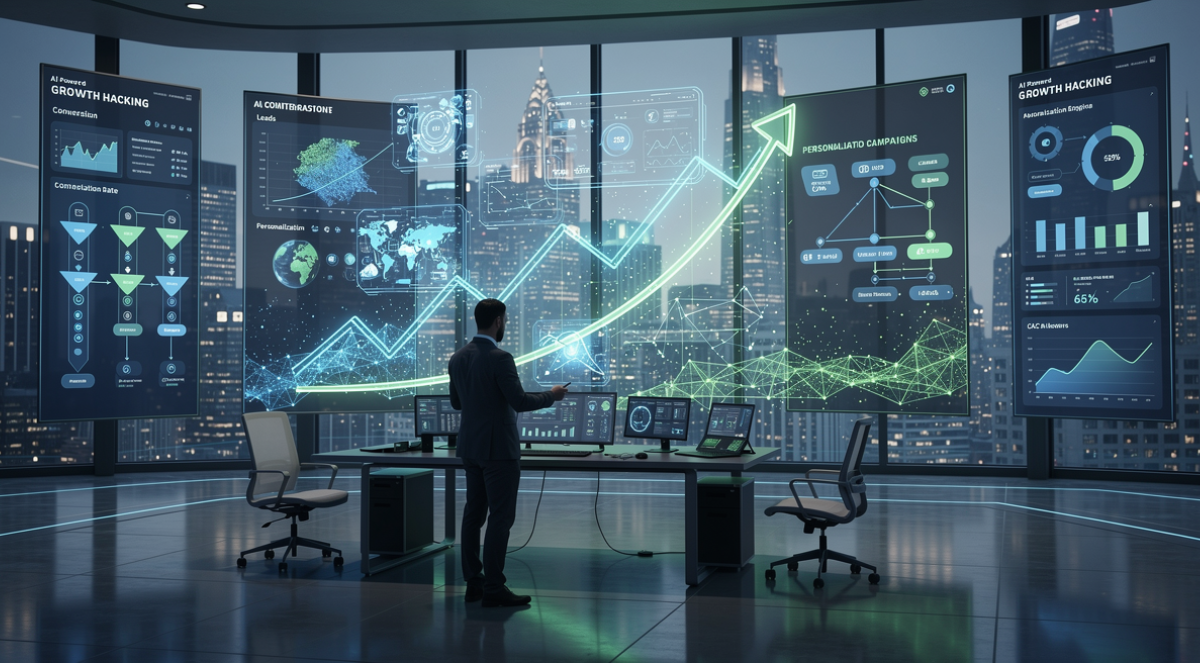 "AI growth hacking dashboard showing customer acquisition strategies and conversion analytics"