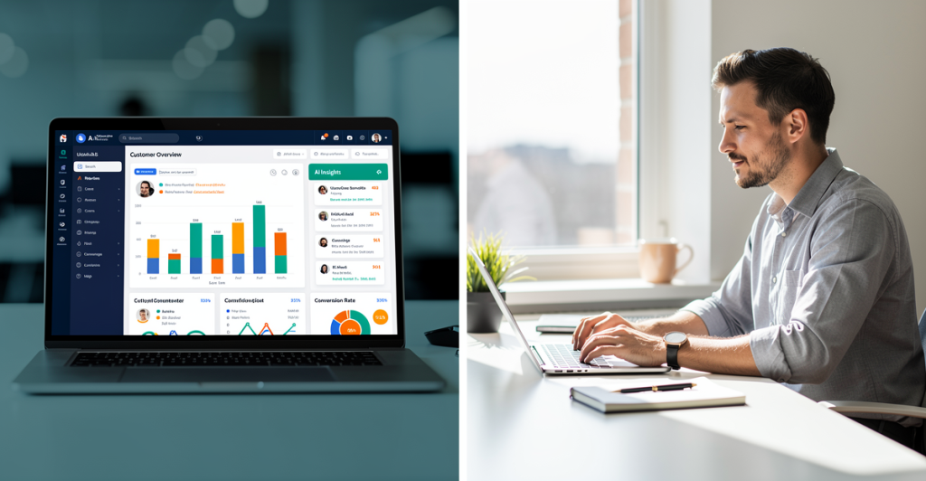 "AI-powered CRM dashboard showing customer management analytics and freelance productivity tools in 2025"
