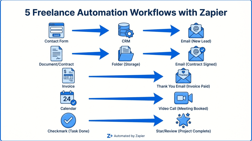 Freelance business automation workflow diagram with Zapier integrations