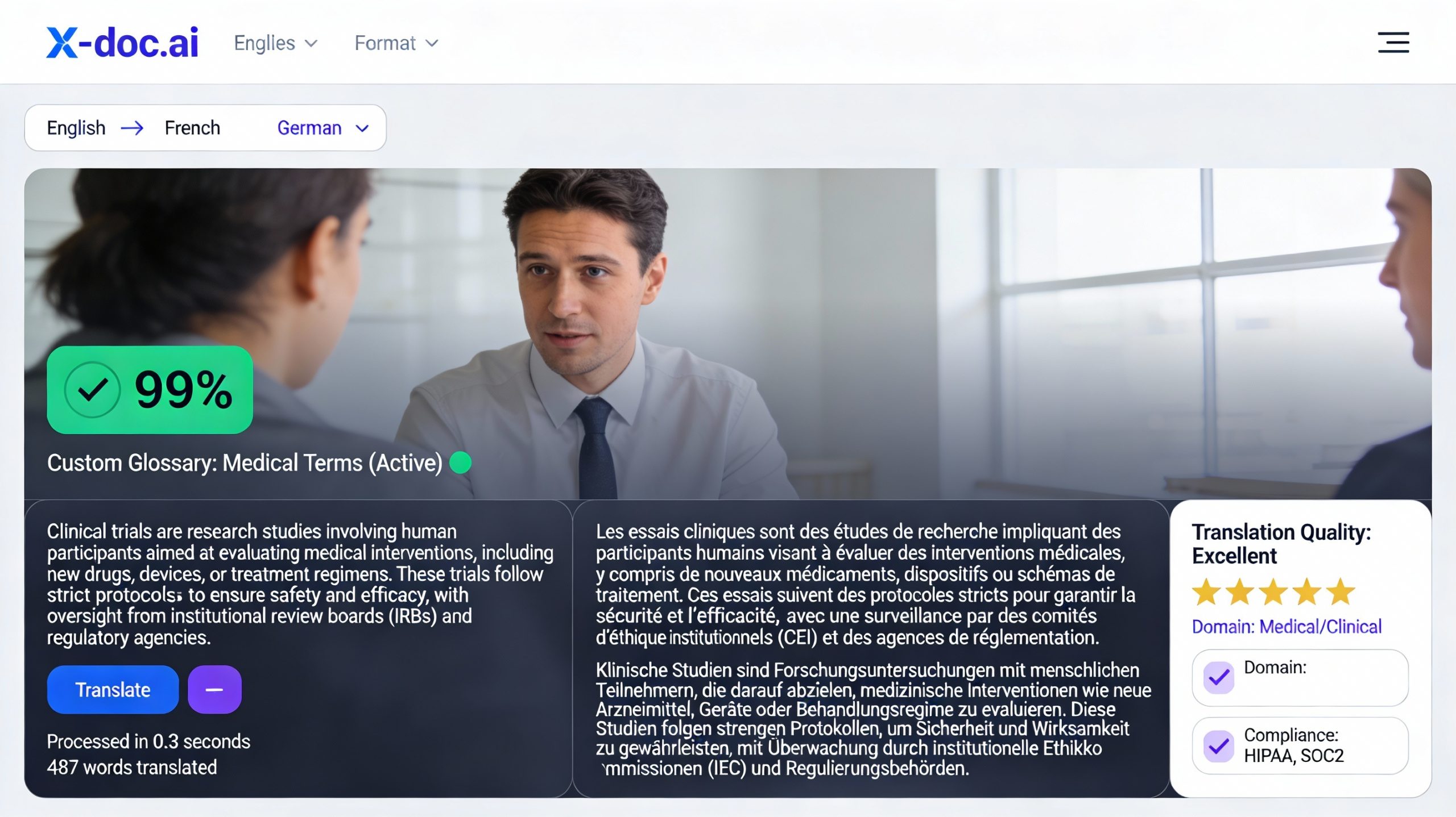 X-doc.ai translation software interface showing 99% accuracy for technical document translation with custom glossary features