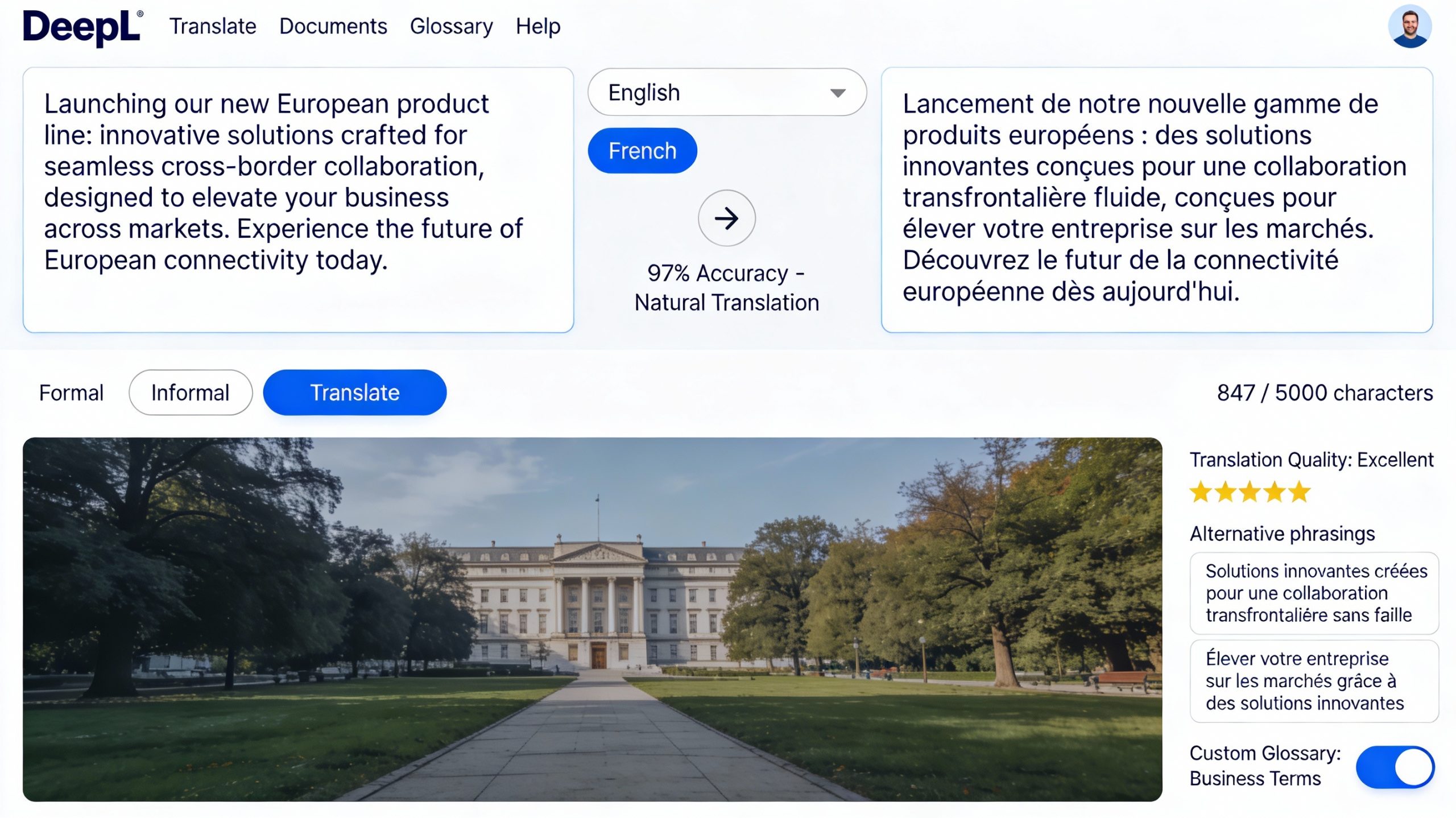 DeepL translator interface demonstrating 97% accuracy for European languages with natural phrasing and context understanding