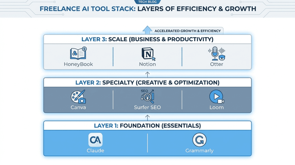 AI tool stack layers for freelancers foundation specialty scale 2026