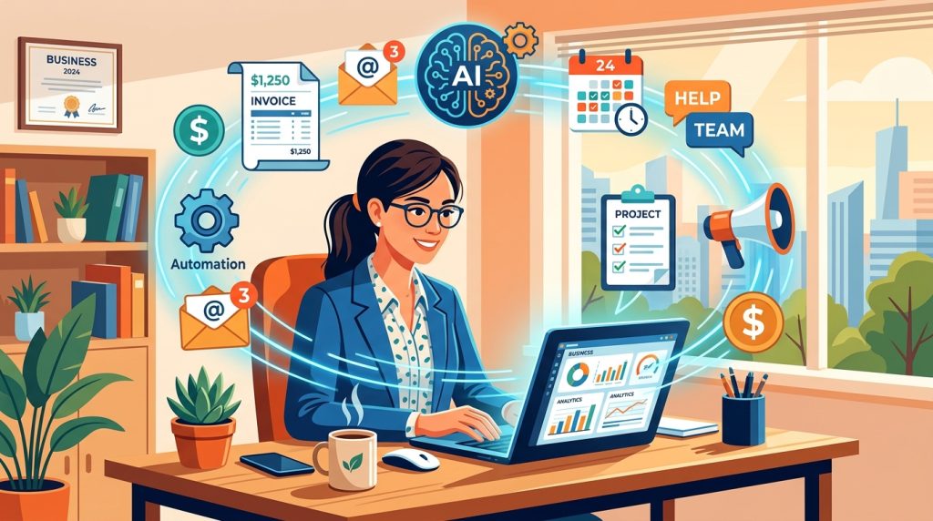 Small business owner using AI automation tools for invoicing, email and calendar management