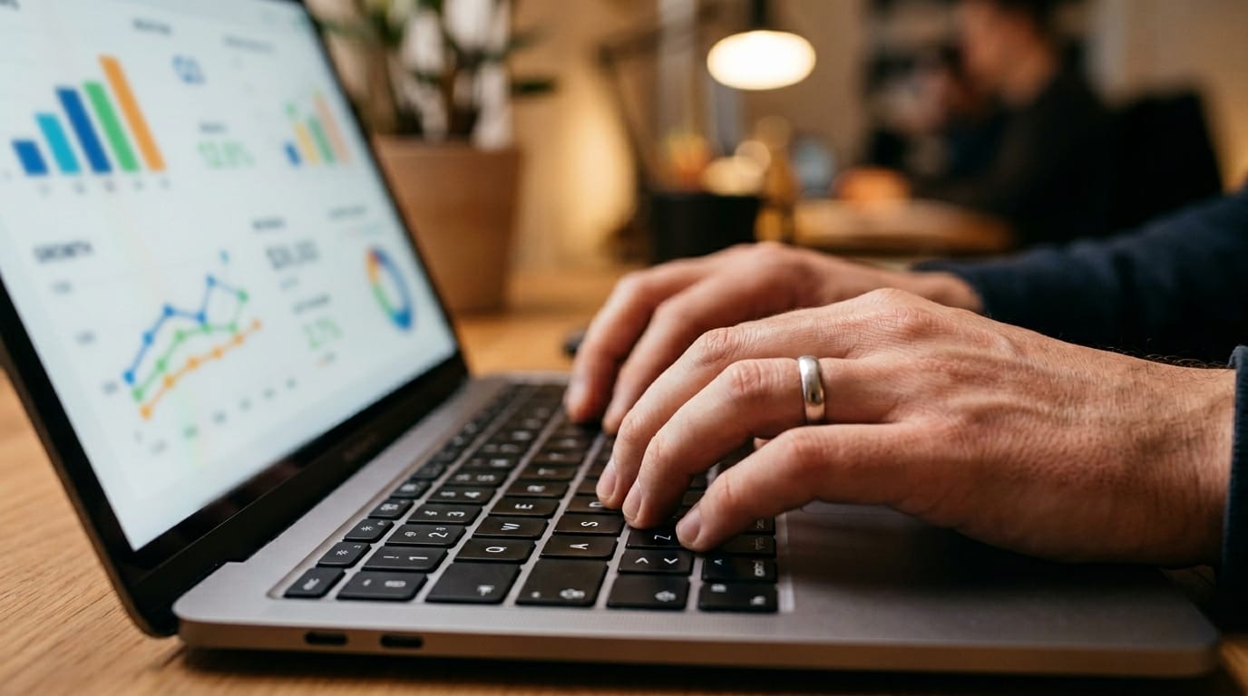 Close-up of hands typing on laptop with business graphs on screen