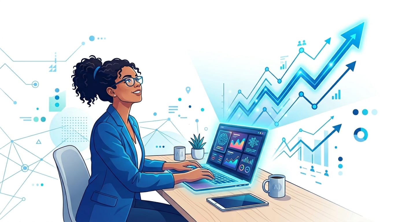 Professional workspace with MacBook showing analytics dashboard and growth charts