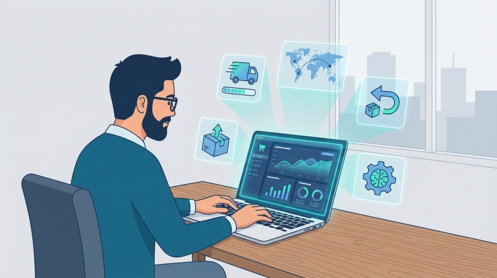 Freelancer managing ecommerce operations on a laptop with AI automation icons for order tracking, inventory, delivery routes and returns