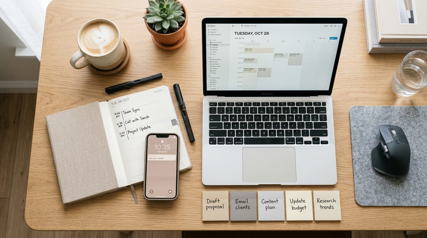 Overhead flat lay of organized workspace with laptop and sticky notes