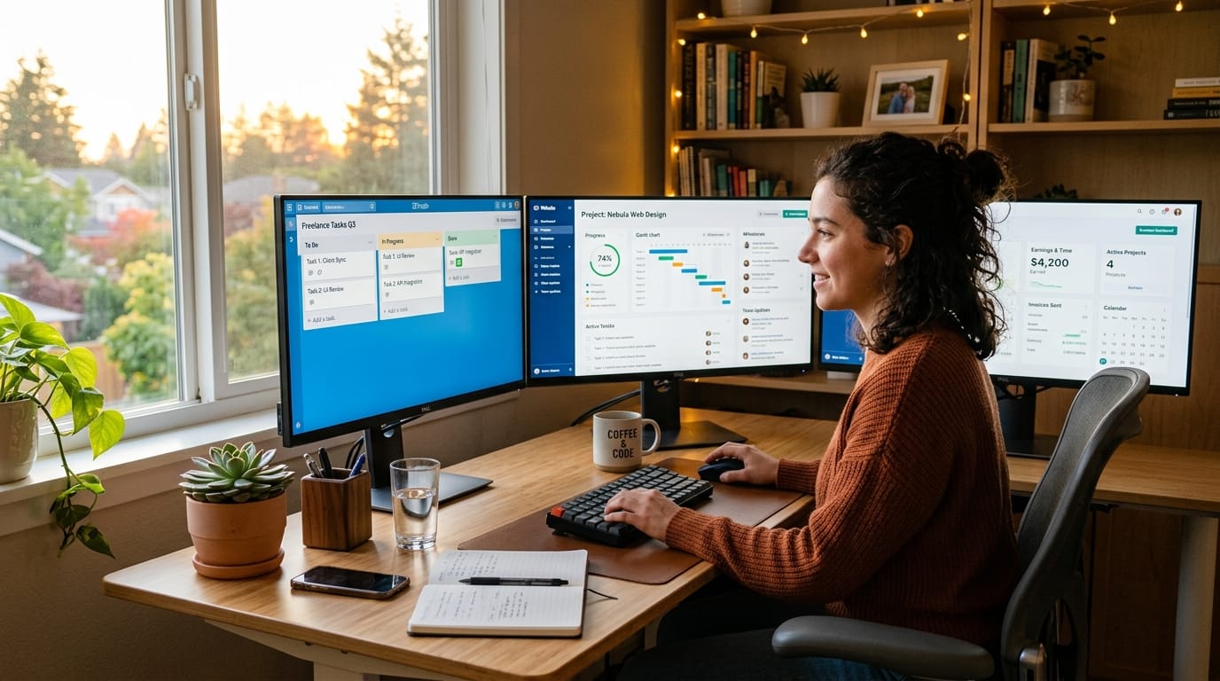 Freelancer at clean desk with multiple monitors showing project dashboards
