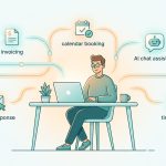 Freelancer at a desk surrounded by automated workflow loops for invoicing, email, calendar, AI chat and time-saving