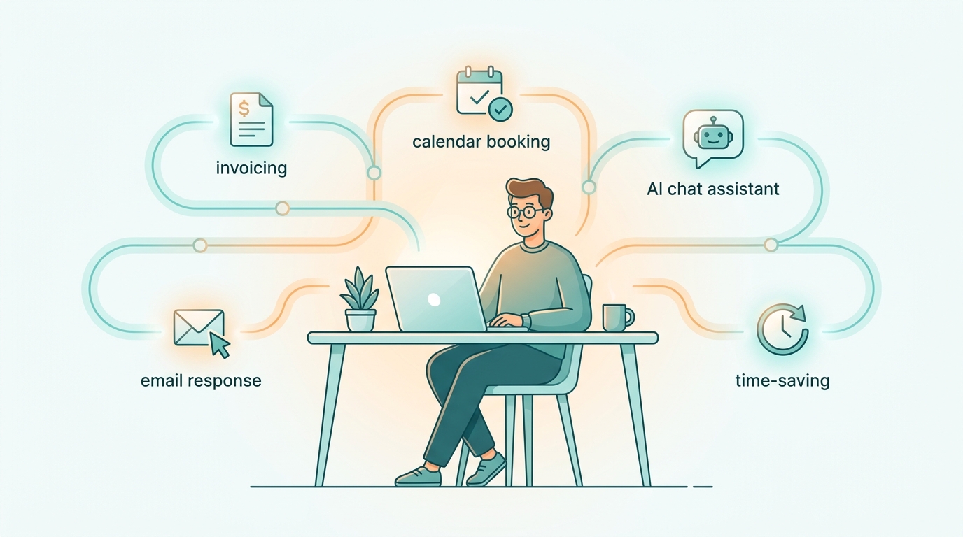 Freelancer at a desk surrounded by automated workflow loops for invoicing, email, calendar, AI chat and time-saving