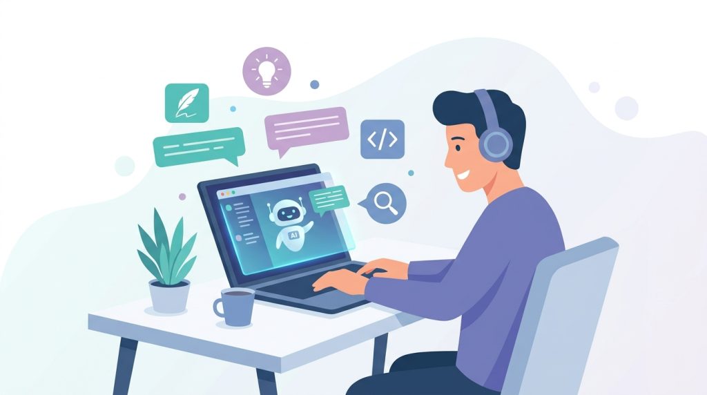 Freelancer using ChatGPT AI assistant on a laptop with chat bubbles and icons for writing, ideas, code and research