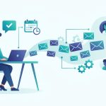 Freelancer sending cold outreach emails from a laptop through an automated sequence to client avatars, with reply and calendar booking icons