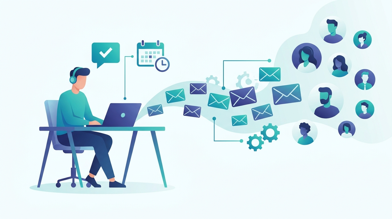 Freelancer sending cold outreach emails from a laptop through an automated sequence to client avatars, with reply and calendar booking icons