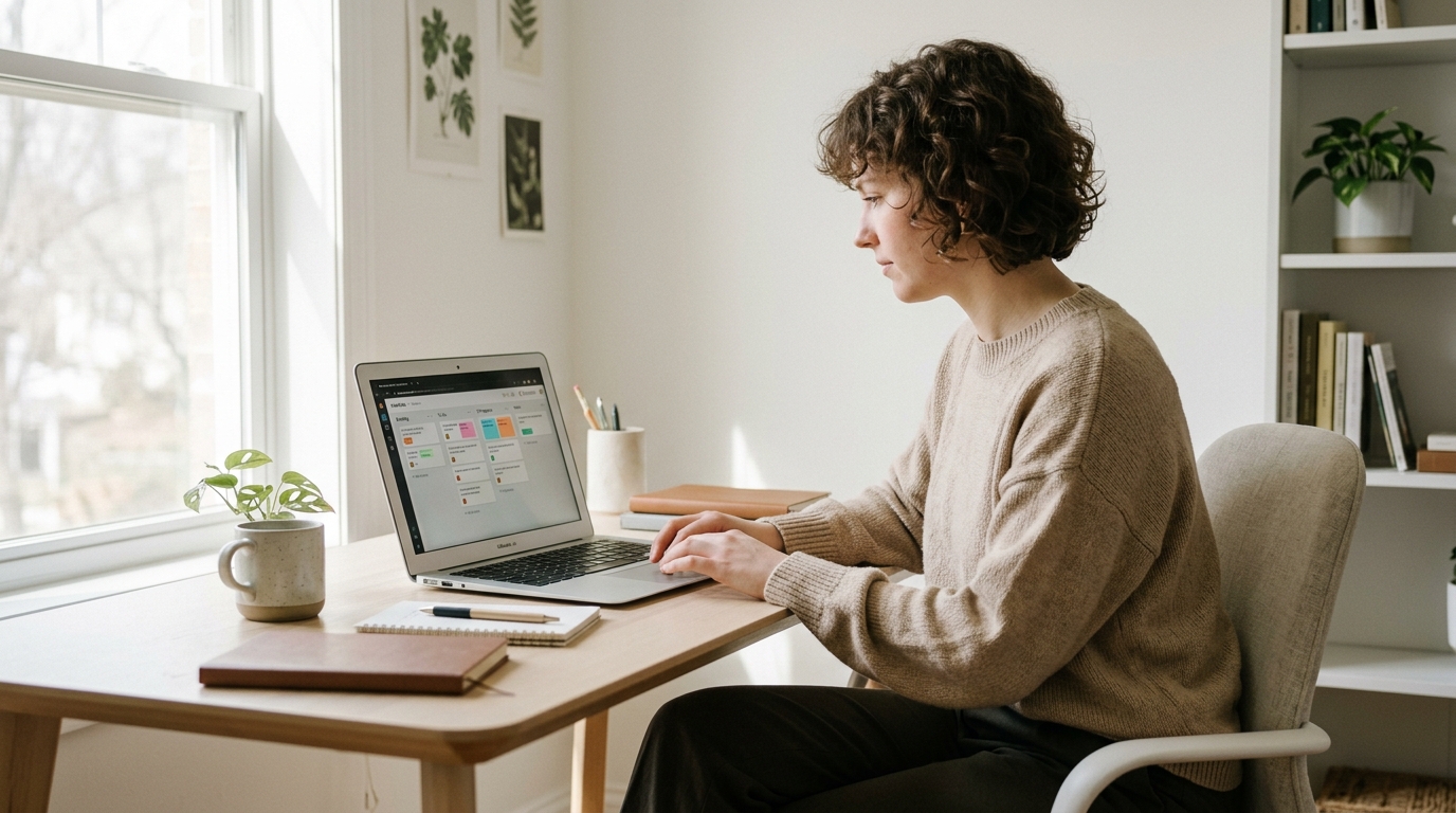 Freelancer email management workflow on laptop at clean desk
