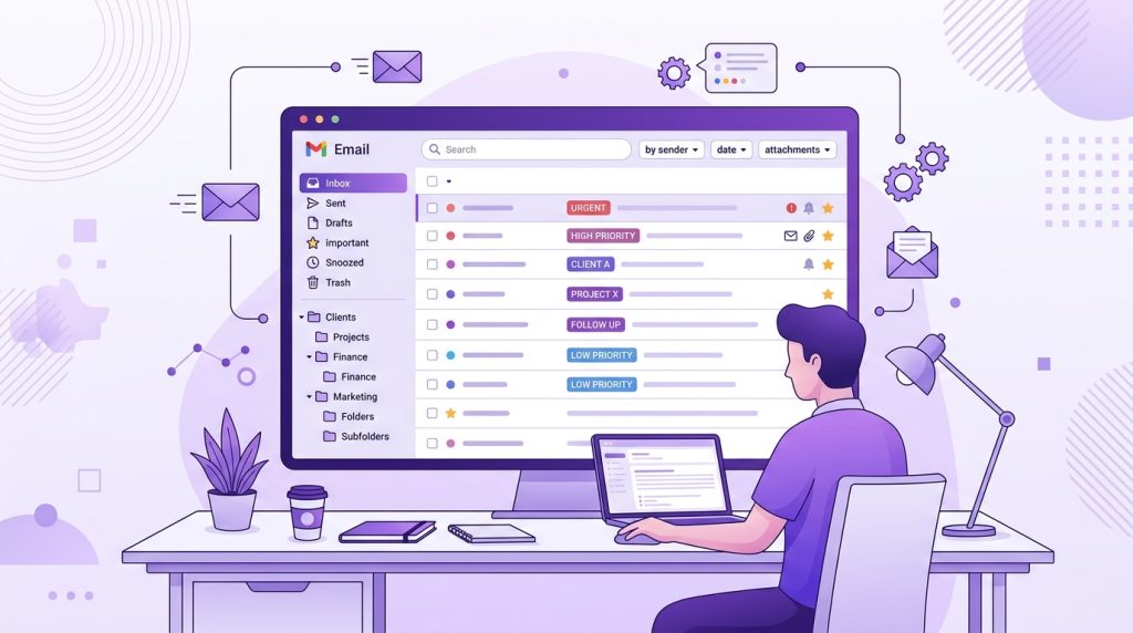 Freelancer email inbox with organized folders, priority filters and labels in purple interface