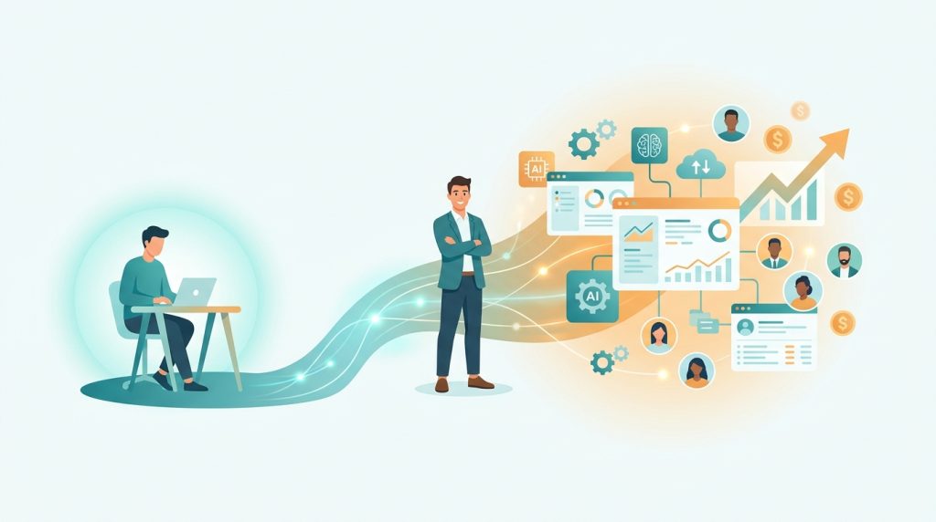 Freelancer scaling up to an AI agency with dashboards, contractors, AI workflows and growth chart