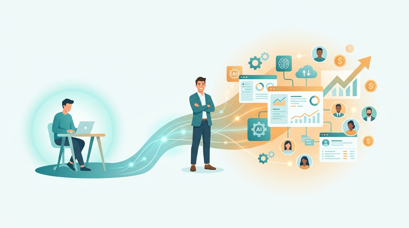Freelancer scaling up to an AI agency with dashboards, contractors, AI workflows and growth chart