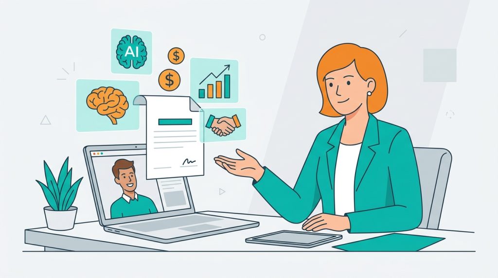 Freelancer pitching AI services to a client via laptop, with icons for proposal, pricing, growth chart and handshake