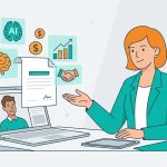 Freelancer pitching AI services to a client via laptop, with icons for proposal, pricing, growth chart and handshake