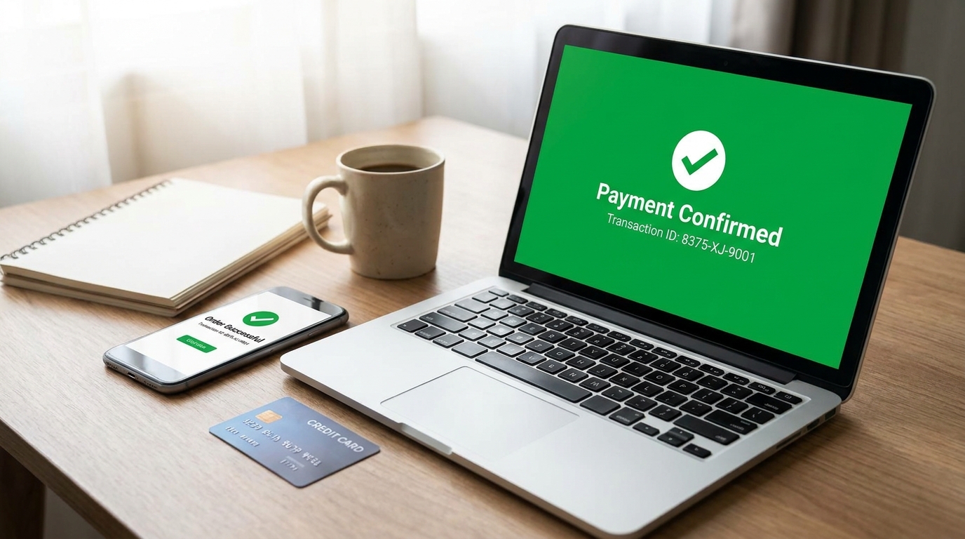 Laptop showing payment confirmed screen with credit card on desk