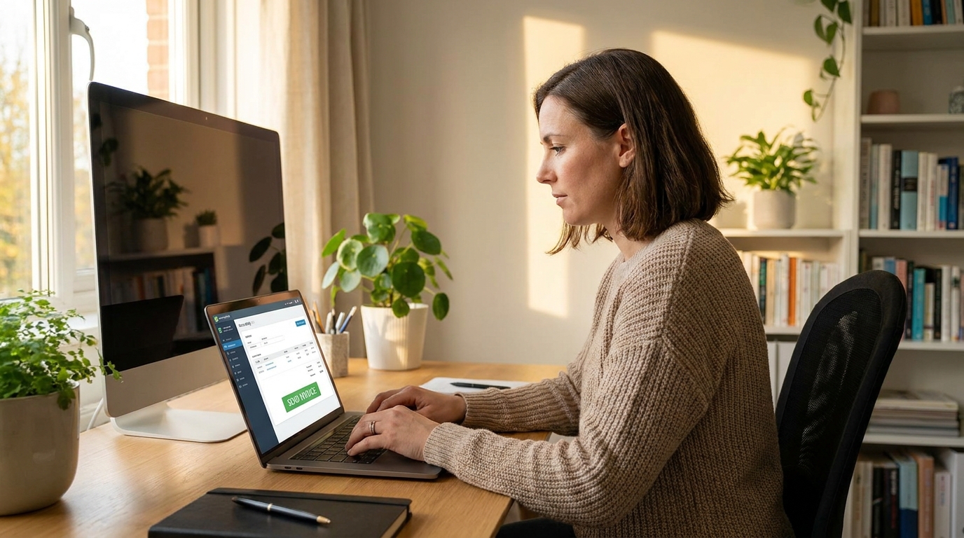 Freelancer at modern home office desk managing invoice software
