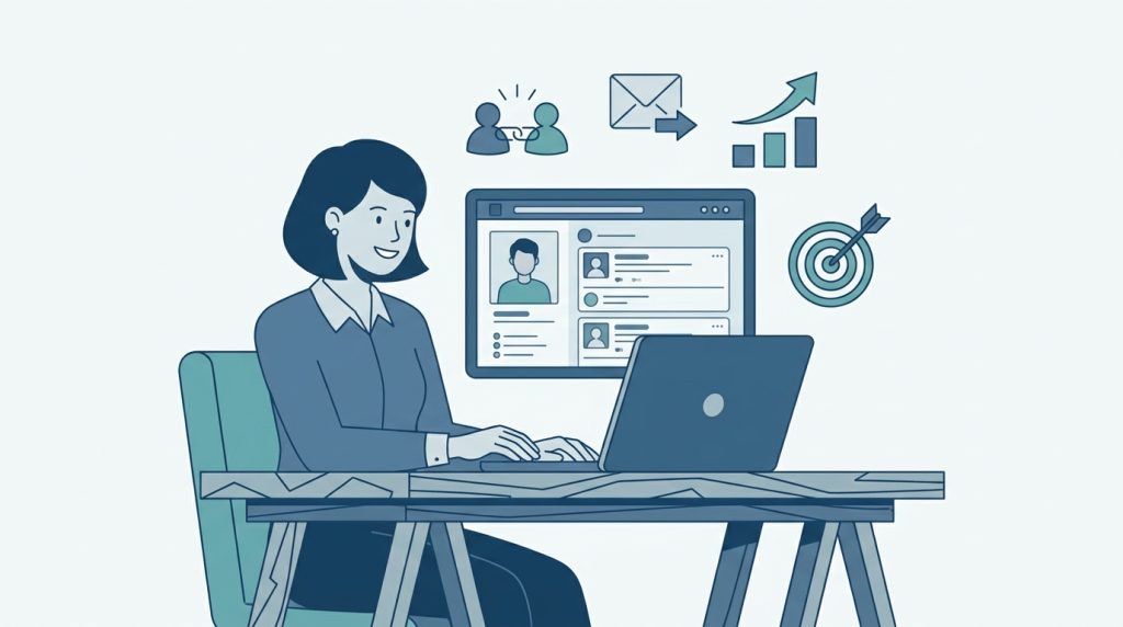 Freelancer using a laptop with a professional networking profile and feed, plus icons for connections, messages, growth and target clients