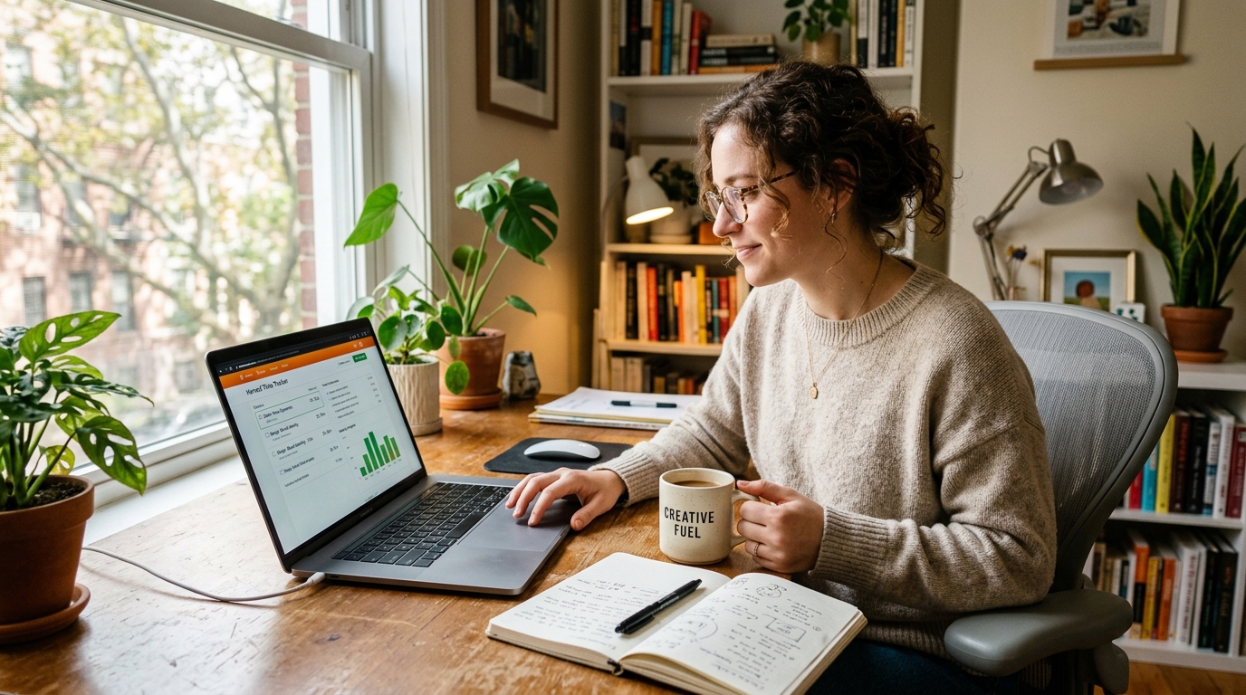 Freelancer checking time tracker app on laptop at home office desk