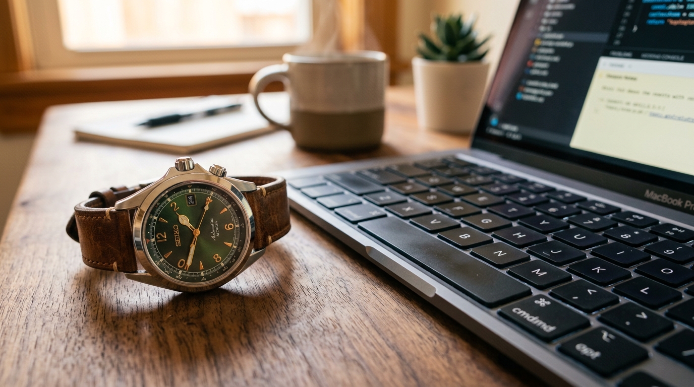 Wristwatch next to laptop keyboard on wooden desk