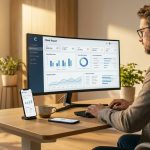 Freelancer reviewing an automated client report dashboard on a laptop and phone