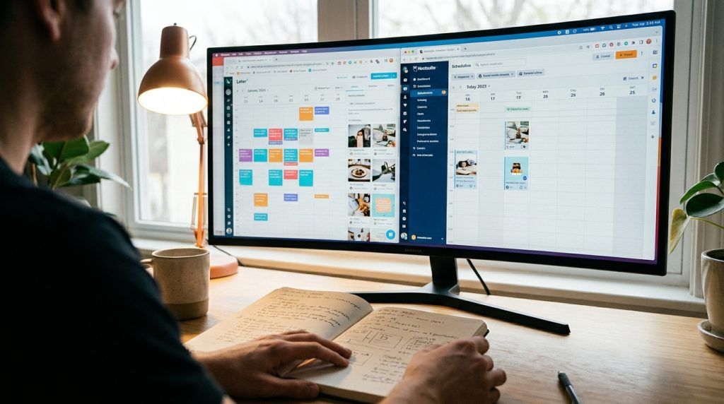 Freelancer comparing two AI social media scheduling tools side by side on a wide monitor with notes