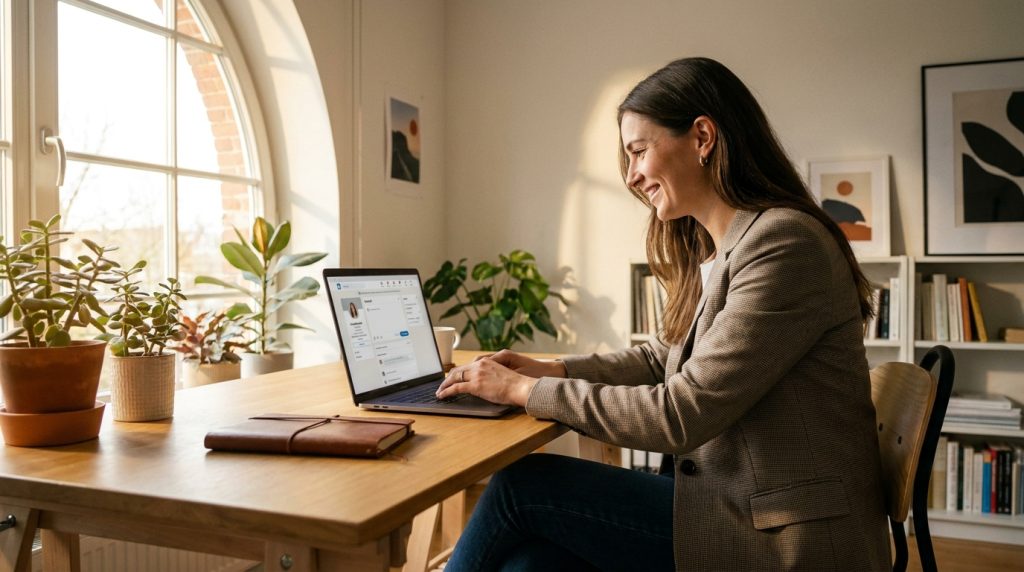 Freelancer drafting a LinkedIn post on a laptop in a bright minimalist home office with morning light
