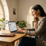 Freelancer drafting a LinkedIn post on a laptop in a bright minimalist home office with morning light