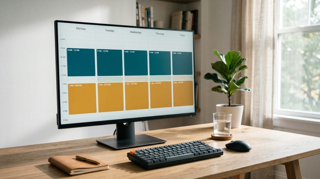 Monitor showing a weekly time-blocking calendar with work blocks filling each morning and afternoon