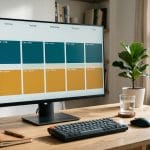 Monitor showing a weekly time-blocking calendar with work blocks filling each morning and afternoon