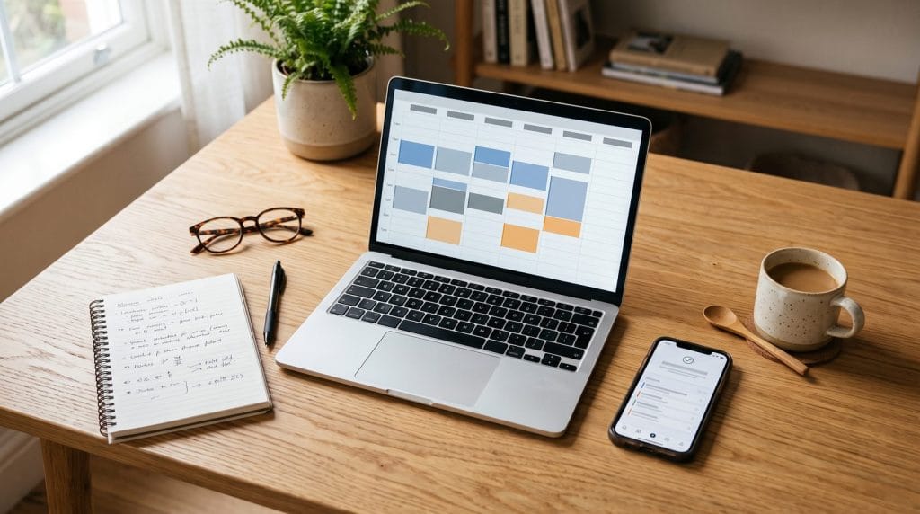 Freelancer desk with a laptop showing a weekly booking calendar and a phone displaying a confirmed appointment