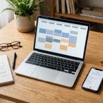 Freelancer desk with a laptop showing a weekly booking calendar and a phone displaying a confirmed appointment
